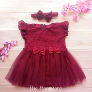 Dress Gaun Pesta Kondangan Anak Bayi 2 Tahun Brukat Tile Free Bando Merah Maroon Jahitan Tailor