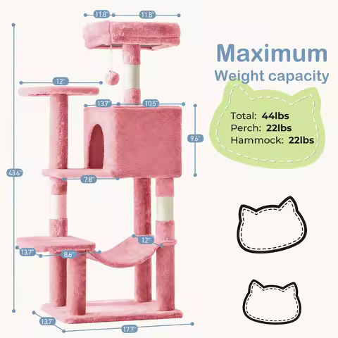 44 Inch Multi Level Cat Tree Tower with Condo Hammock Natural Sisal Scratching Posts Perch Platform 