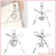 VIC Silver Leather Bowknot Key Rings with Heart Adornment Suitable for Party Goers