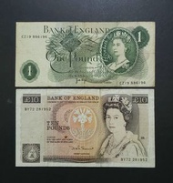 絕版英鎊老紙Bank of England 1鎊及10鎊共2張  1960-77  £1, 1975 £10