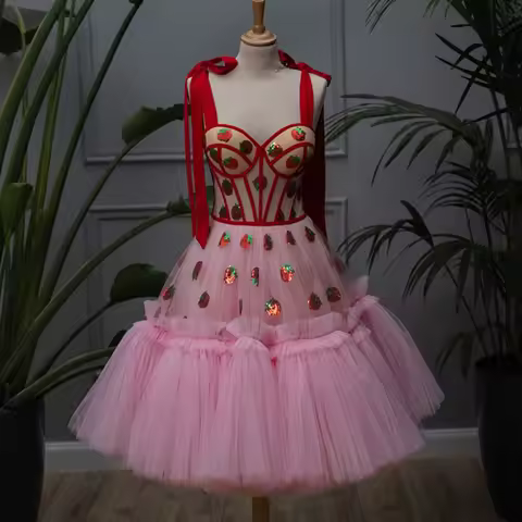 Adjustable Tie -bow Straps Short Dress A-line Baby Pink Tulle Ball Gown Red Strawberry Brithdays Dre