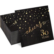 20pcs 3-Ply Birthday Party Napkins, 30th/40th/50th/60th/70th Golden Foil Text On Black Background, 5