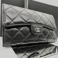 【LA LUNE】中古二手Chanel黑色羊皮長銀錢包側斜背孭長夾手袋WOC