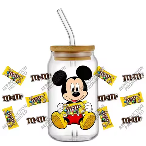 New 28 Designs Mickey Stitch Popular Snacks Chocolate 16oz UV DTF 3D Sticker Decals Wraps Glass Can 