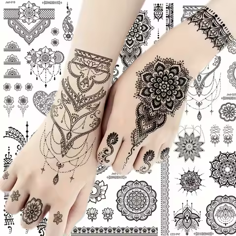 Black Henna Temporary Tattoos for Women Lace Flower Mehndi Sticker for Hand Fake Henna Tattoo Sticke