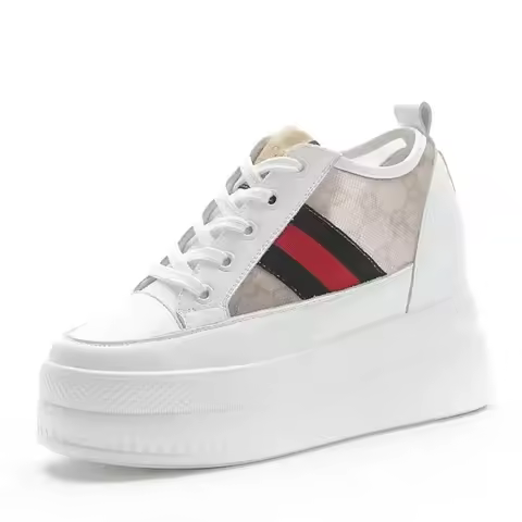 9cm Women Shoes Chunky Sneakers Air Mesh Hollow Out Genuine Leather White Wedge Shoes Platform Heel 