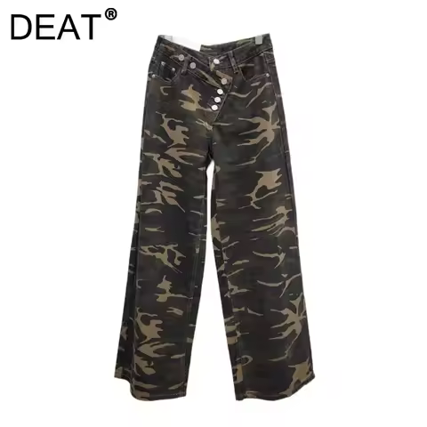 DEAT 2026 Autumn New Style Diagonal Placket Multiple Buttons Camouflage Wide Leg Jeans For Women Hig