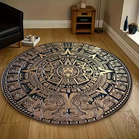 Retro Aztec Sun Calendar Round Rug Mayan Culture 3D Print Non-slip Floor Mat for Living Room Bedroom