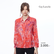 เสื้อผู้หญิง เสื้อเชิ้ตผู้หญิง Guy Laroche Shirt เสื้อเชิ้ตผ้าจอร์เจียแขนสามส่วน ลายพิมพ์ Red Logo Mania (GZ2HRE)