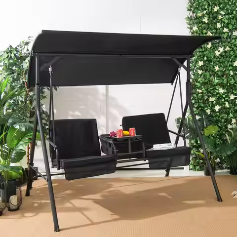 2 Person Porch Swing, Outdoor Swing with Pivot Storage Table, Cooler Bag, 2 Cup Holders, Removable C