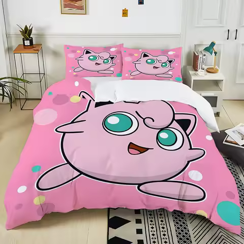 Next Day Shipping P0kem0n Jigglypuff Print Pink Bedding Set 3PC 1 Duvet Cover 2 Pillowcases Adult Ki