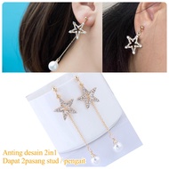AN80 Anting anting 2in1 2model earrings warna emas Gold Long Star bintang bling bling mata mata berl