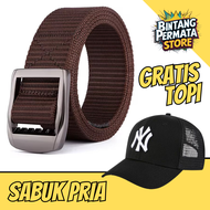 Sabuk Pria Gratis Topi - Ikat Pinggang Nylon Kanvas Kepala Besi Import (BPS-TOPI/SBK002)