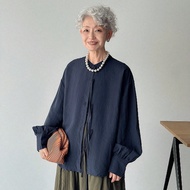 Women's Round Neck Lantern Sleeve Bow Tie Decor Long Sleeve Solid Color Blouse, Spring/Autumn Navy B