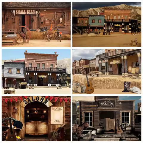 Western Cowboy Scenic Backdrop West Cowboy City Town Saloon Wooden House Barn Door Travel Baby Portr