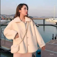 Taiwan Shipping Autumn Winter Jacket Women Imitation Lamb Fleece Solid Color Loose Long-Sleeved Lape