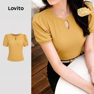 (New Arrival) Lovito Casual T-shirt Tie Front Hollow Sense of Lines Spring/summer Yellow T-shirt for