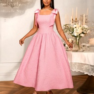 Đầm dự tiệc cocktail dáng chữ A không tay cổ vuông, dây đeo vai mỏng màu hồng thanh lịch dành cho nữ