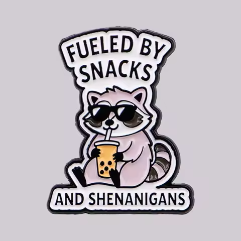 "FUELED BY SNACKS AND SHENANIGANS" Enamel Pin Raccoon Brooch Lapel Pins Badge Clothing Accessories F