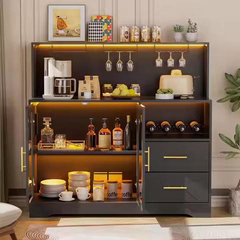 LED Bar Cabinet with Power Outlets, Drawers, Wine Rack & Glass Holder, Storage Sideboard for Living 
