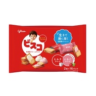 Glico固力果 BISCO 日本進口格力高夾心餅乾上班休閒零食 兒童乳酸菌夾心餅乾大袋【牛奶味&草莓味】 32枚裝(2枚×19包)