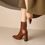 KY-DWaterproof Platform High Heel Boots Small Versatile Pointed-Toe Retro Brown Short Dr. Martens Boots Women's Genuine