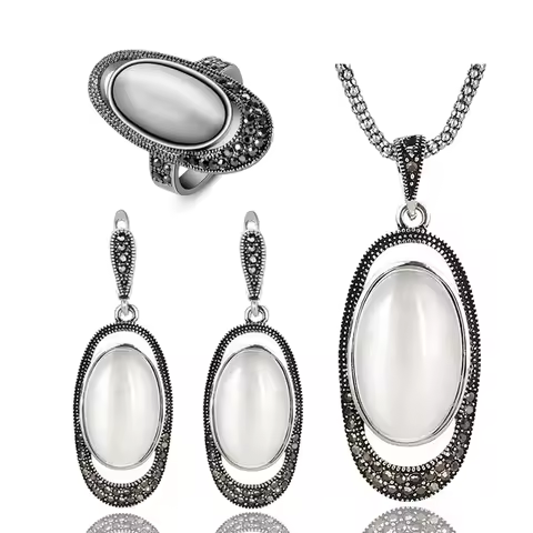 Ajojewel White Opal Jewelry Sets Vintage Jewelry Set Stone Earrings Necklace & Pendant
