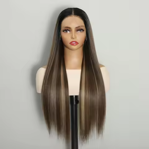 28inch Straight Ombre Wig Synthetic Cosplay Hair White Brown Highlight 13x5x1 Lace Frontal Closure f
