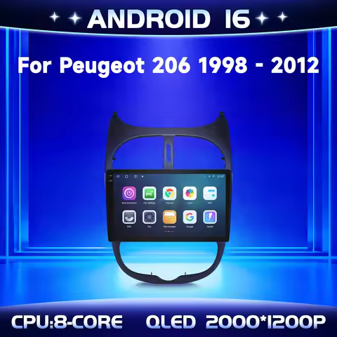 10"Car Radio For Peugeot 206 1998-2012 Android 16 4G BT Carplay Multimedia 2K QLED Screen 2000*1200P