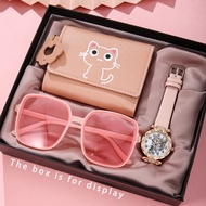 2025 Cute Cat Belt Watch Ladies Quartz Watch Cat Cat Wallet Sunglasses 3-Piece Set Ready stock⭐⭐
