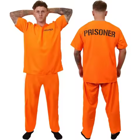 Prisoner Costume Men Jail Jumpsuit Costume Adult Inmate Costume Orange Prisoner Jumpsuit Jailbird Ou