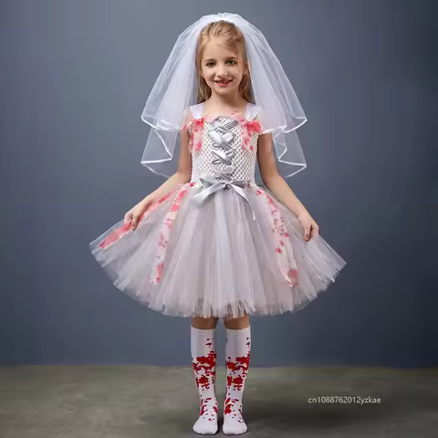 Scary Zombie Bride Costume Niña Enfant Fancy Set Ghost Cosplay Halloween Purim Carnival Corpse Party