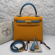 Hermes/愛馬仕 Kelly25 太陽黃拼藍色 拼色 Epsom皮 so定制 金扣 Stamp:Y刻