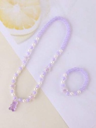 透明紫色珠子＆壓克力珍珠＆小熊＆五角星吊墜手鍊和項鍊套裝,適用於兒童