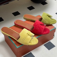 LP Flat Shoes Genuine Leather Sheepskin Suede Half Slippers Retro Lazy Open-Toe Single Strap Sandals