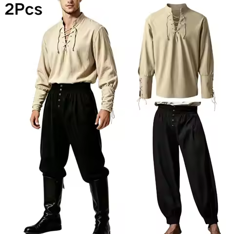 2‑Pcs Men Vintage Medieval Viking Pirate Outfit, Lace‑Up Long‑Sleeve Shirt & Bloomers Pants, Hallowe