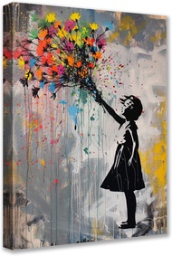 Art Work for Home Walls Banksy Girl Pictures Colorful Flowers Graffiti Paintings 1 Panel Canvas Abst