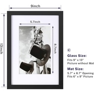 ONE WALL Tempered Glass 9x13 Picture Frame with Mats for 6x9 Photo, Black Wood Frame for Wall and Ta