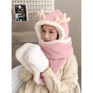 DT668 Autumn and Winter Women's Warm Hat Scarf Hooded Neck Three-piece Set 秋冬女保暖帽子围巾一体连帽围脖三件套