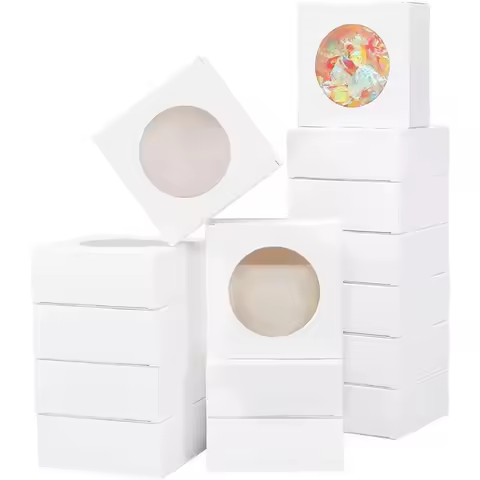 24 Packs 3.6x3.6x1.5 Inch Square Paper Boxes with Round Window White Kraft Bakery Boxes Gift Packagi