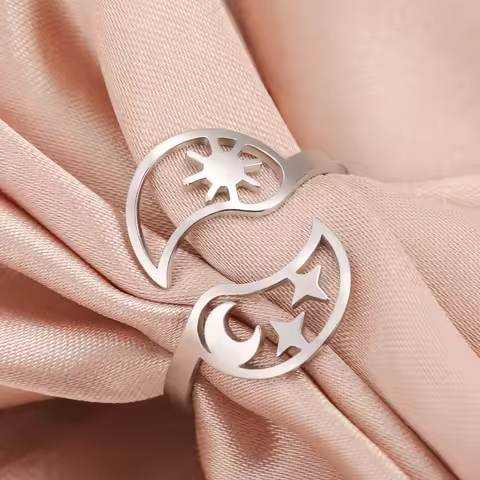 Dawapara Tai Chi Yin Yang Ring Sun Moon Stars Dolphin Adjustable Ring Bohemian Stainless Steel Wicca