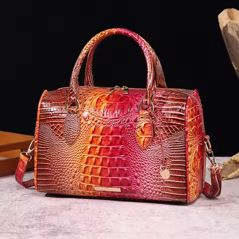 Ombre Crocodile Embossed Boston Handbag Classic Style Crossbody Bag Women's Leather Satchel Purse