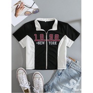 SHEIN Crop Tee Letter Graphic Two Tone Zip Up