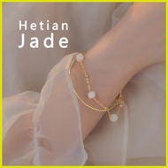 ▫ § ▬ Ins Not Allergic Natural Hetian Jade Double Beads Bracelet + Bangle Set For Women -AOER