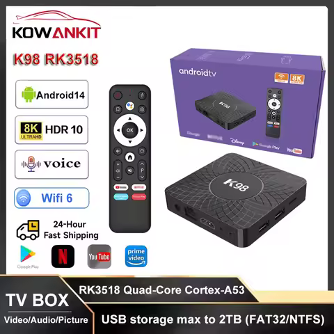 Kowankti TV Box Android 14 RK3518 Quad Core Cortex A53 Support 8K Video 4K BT Wifi Google Voice Medi