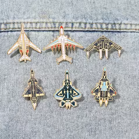 6Styles Classic Fighter Jet Shaped Enamel Pins Funny B2 Bomber J20 Design Golden Brooches