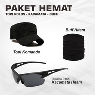 PAKET HEMAT KACAMATA HITAM KACAMATA SEPEDA OLAHRAGA SPORT TOPI PRIA TOPI KOMANDO ARMY TNI POLRI BUFF