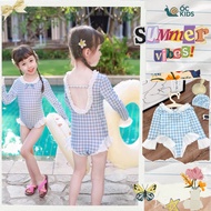 Girls' long-sleeved swimsuit, blue plaid long-sleeved swimsuit for girls swimming and going to the b