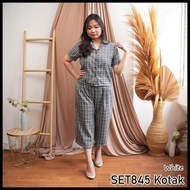 Baju Setelan Celana 7/8 Wanita Casual Katun Kotak Set845H Best Seller