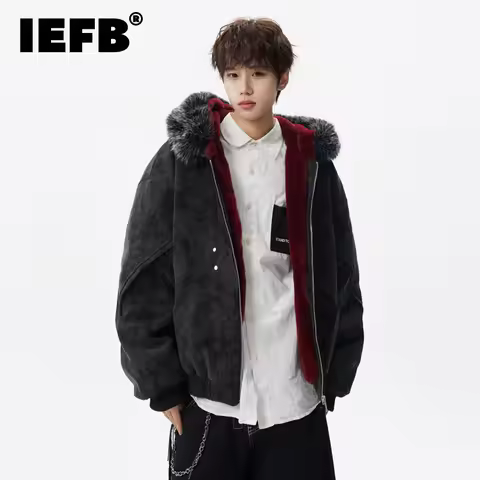 IEFB Fashionable Versatile Fleece-lined Warm PU Leather Men's Cotton Jacket Hooded Fur Collar Causal